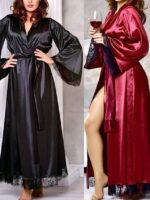 Womens Silk Satin Robe Lace Long  Bathrobe Nightgown Floor Length Bridal Wedding Party