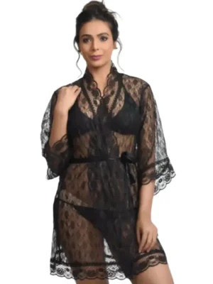 Women's Net Floral Nightwear Robe with Bra and Panty Set Nightgown Sleepwear Babydoll Night Robe