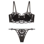 Luxury Embroidered Mesh Underwire Bra & Thong Lingerie Set – White & Black