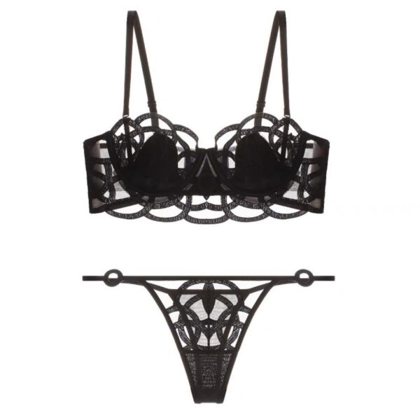 Luxury Embroidered Mesh Underwire Bra & Thong Lingerie Set – White & Black