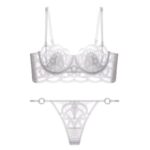 Luxury Embroidered Mesh Underwire Bra & Thong Lingerie Set – White & Black