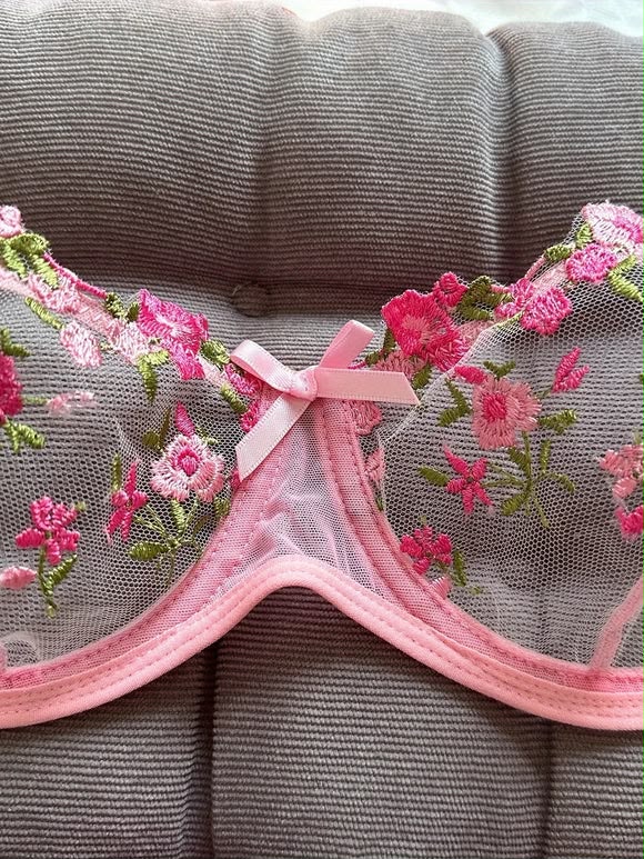 Flower Embroidered Bow Strap Lingerie Set