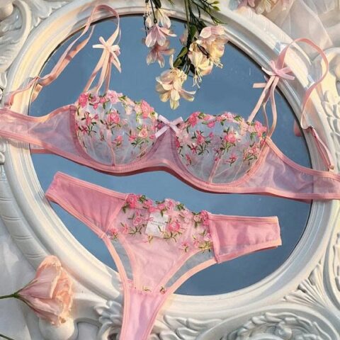 Flower Embroidered Bow Strap Lingerie Set