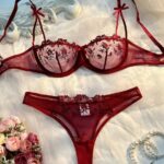 Flower Embroidered Bow Strap Lingerie Set